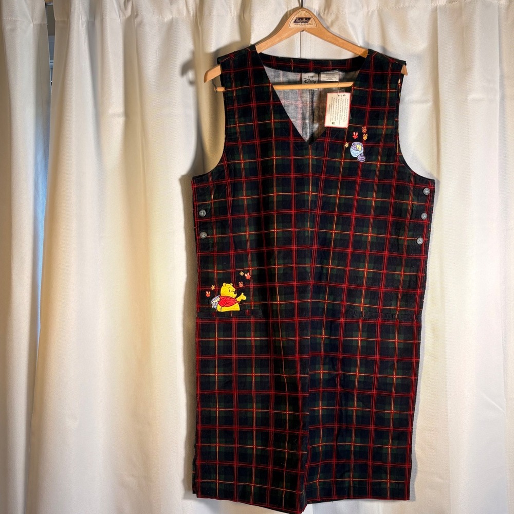 Vintage 90s Disney Winnie Pooh Plaid Jumper Dress L Deadstock Cottagecore